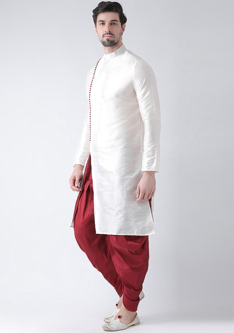 Off White Solid Silk Kurta Set For Men