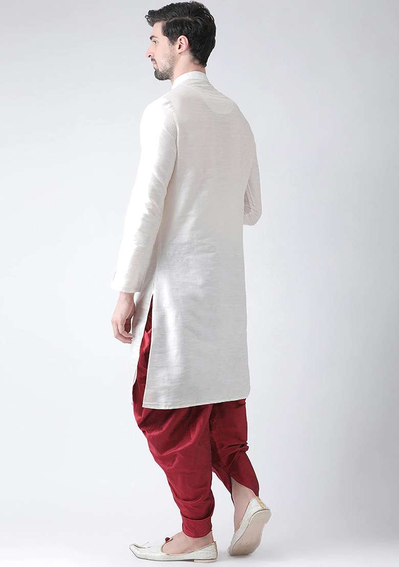 Off White Solid Silk Blend Kurta Set For Men - Indya