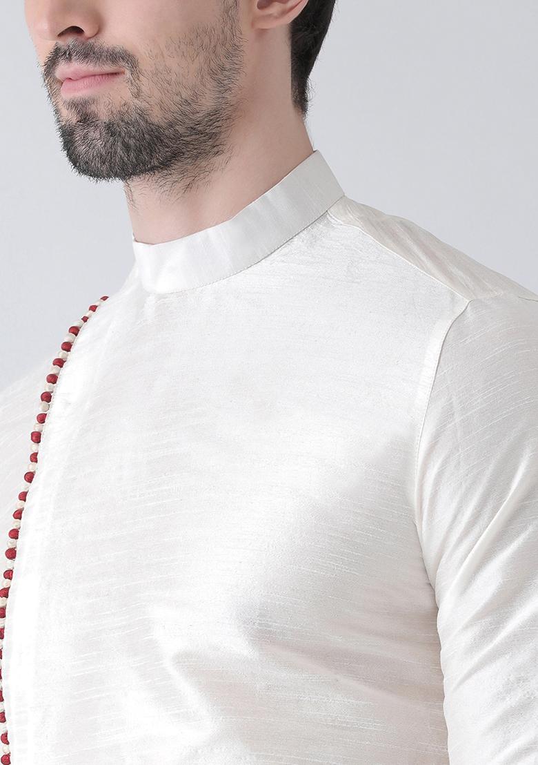 Off White Solid Silk Kurta Set For Men