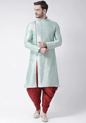 Sea Green Solid Silk Kurta Set For Men