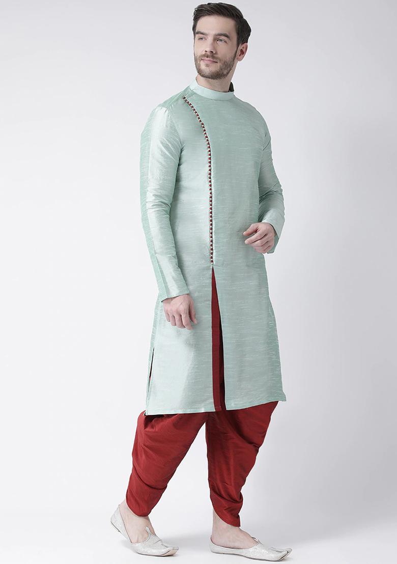 Sea Green Solid Silk Kurta Set For Men