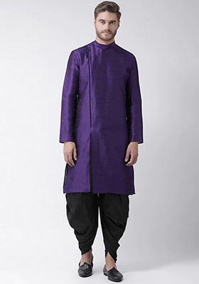 Purple Solid Silk Kurta Set For Men