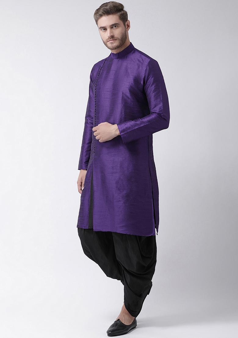 Purple Solid Silk Kurta Set For Men