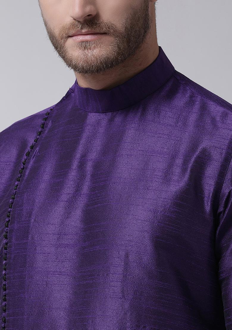 Purple Solid Silk Kurta Set For Men