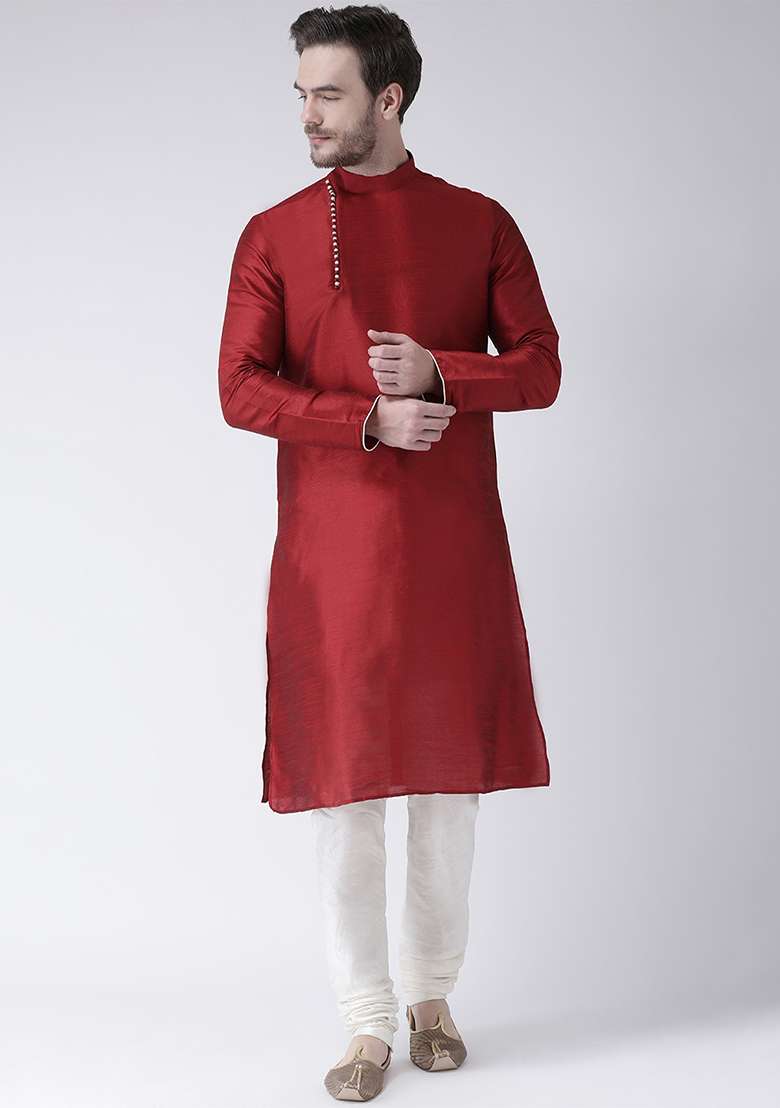 Maroon Solid Silk Blend Kurta Set For Men - Indya
