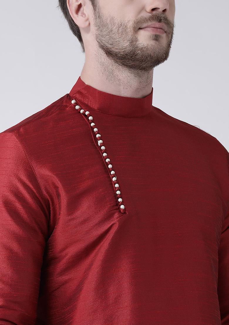 Maroon Solid Silk Kurta Set For Men