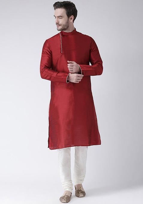 Maroon Solid Silk Kurta Set For Men