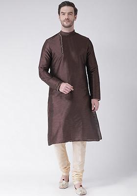Brown Solid Silk Kurta Set For Men