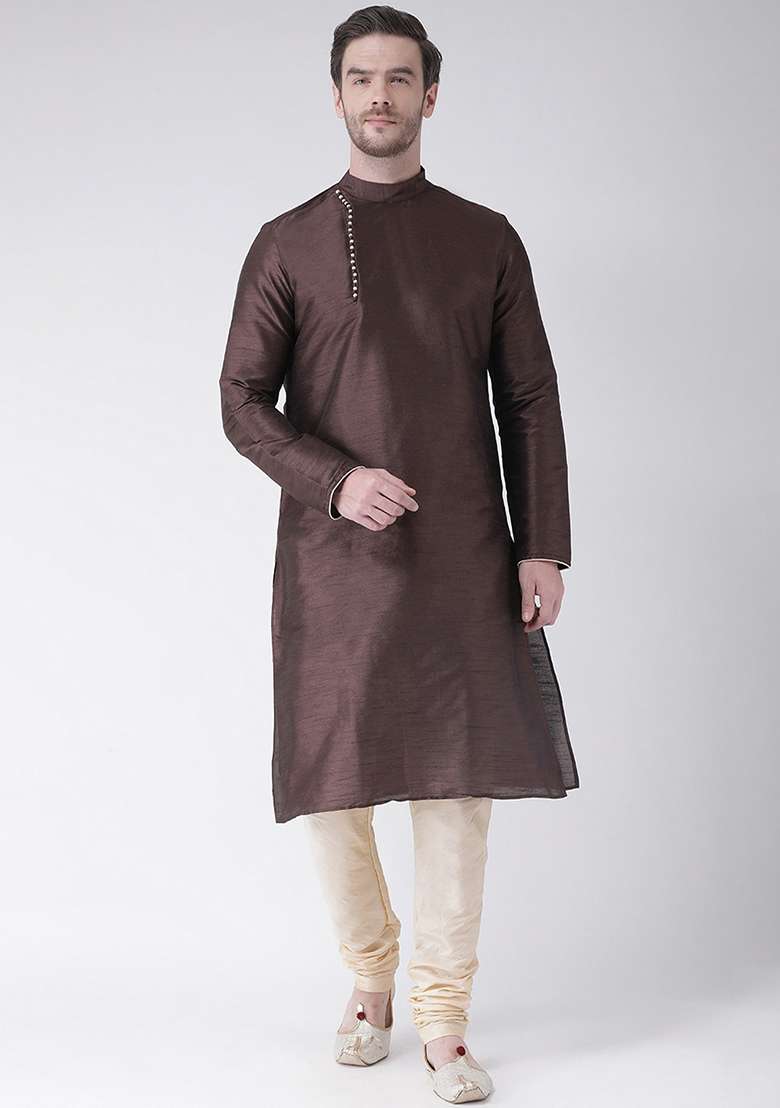 Brown Solid Silk Blend Kurta Set For Men - Indya