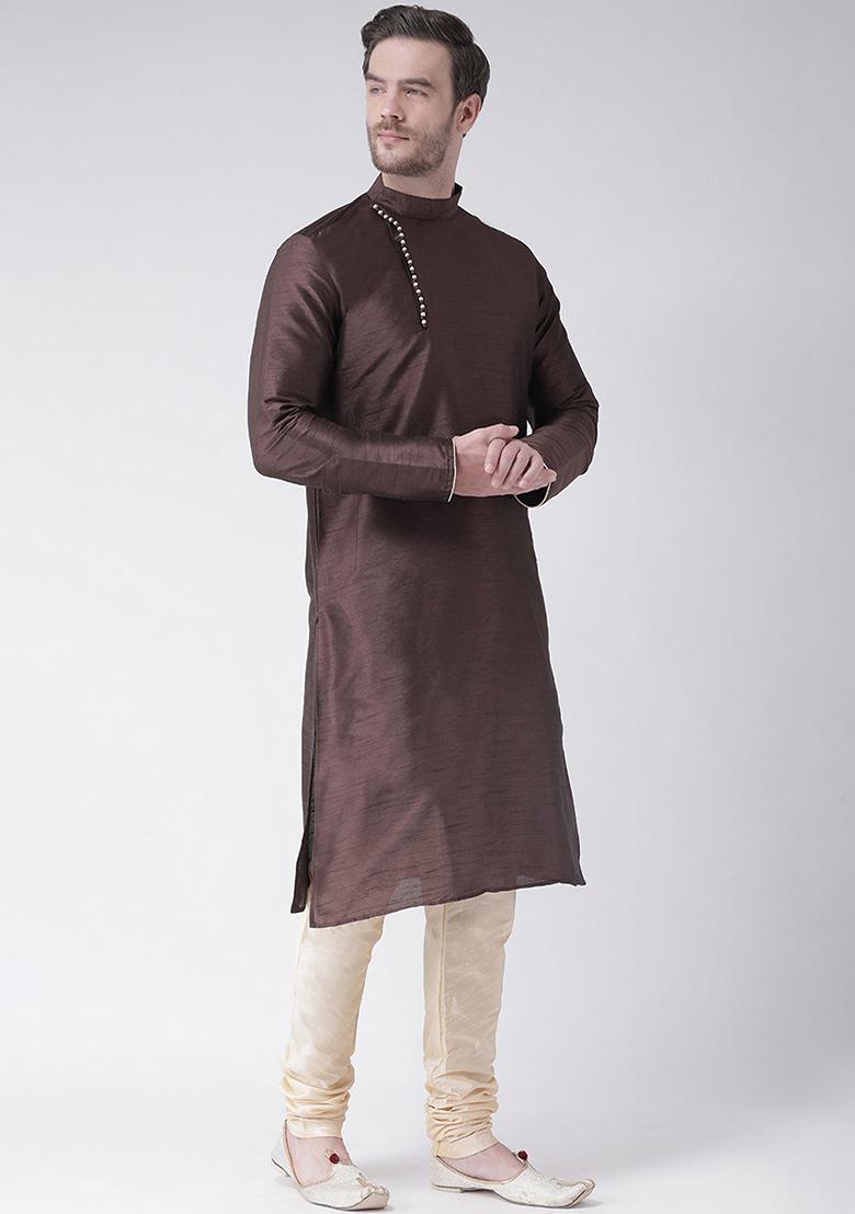 Brown Solid Silk Kurta Set For Men