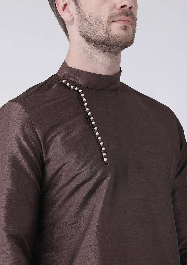 Brown Solid Silk Blend Kurta Set For Men - Indya