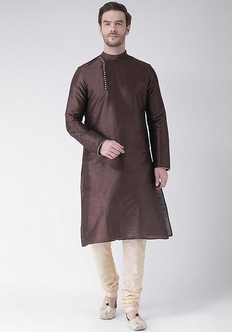 Brown Solid Silk Kurta Set For Men