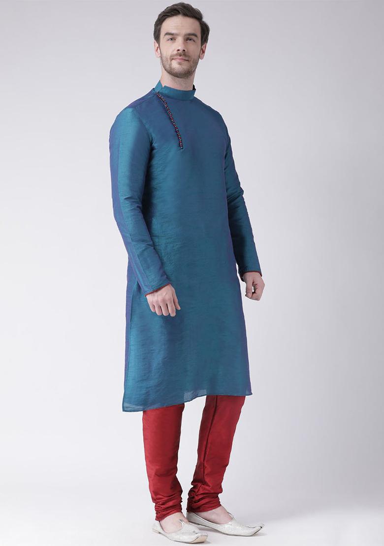 Rama Green Solid Silk Kurta Set For Men