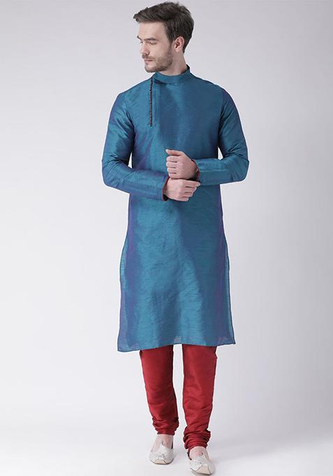 Rama Green Solid Silk Kurta Set For Men