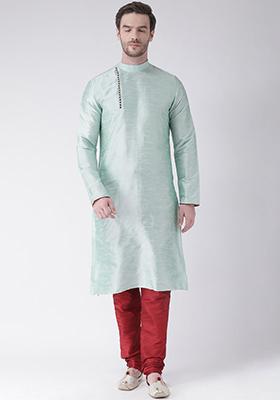 Sea Green Solid Silk Kurta Set For Men