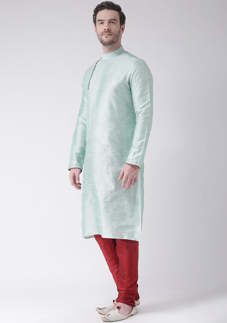 Sea Green Solid Silk Kurta Set For Men