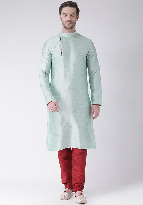 Sea Green Solid Silk Kurta Set For Men
