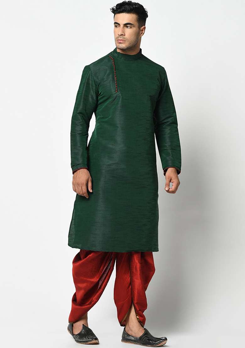 Green Solid Silk Blend Kurta Set For Men - Indya