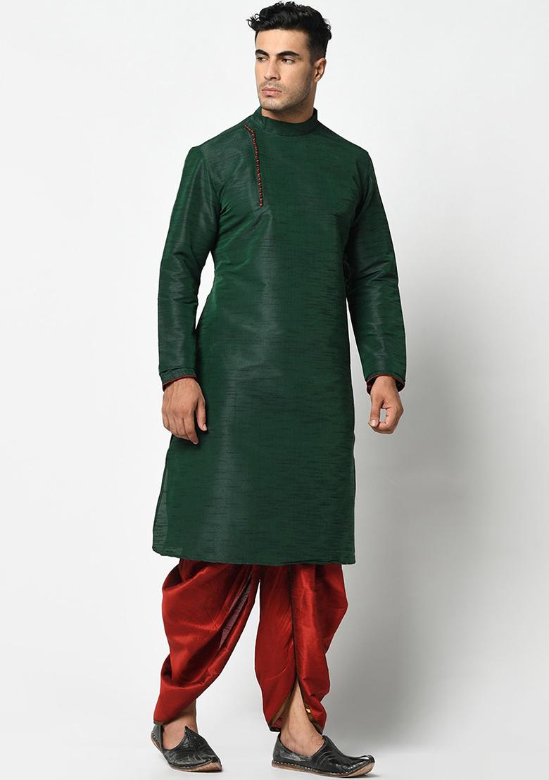Green Solid Silk Kurta Set For Men
