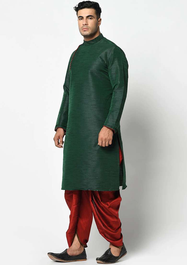 Green Solid Silk Blend Kurta Set For Men - Indya
