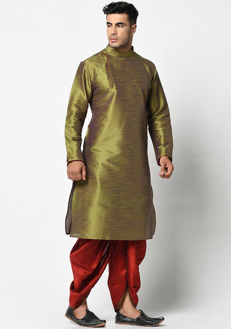 Mehendi Green Solid Silk Kurta Set For Men