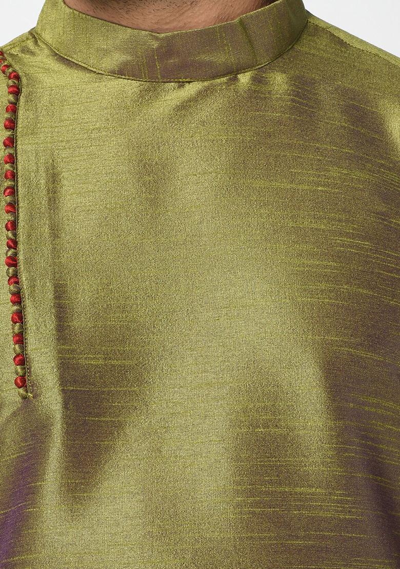 Mehendi Green Solid Silk Kurta Set For Men