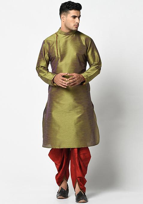 Mehendi Green Solid Silk Kurta Set For Men