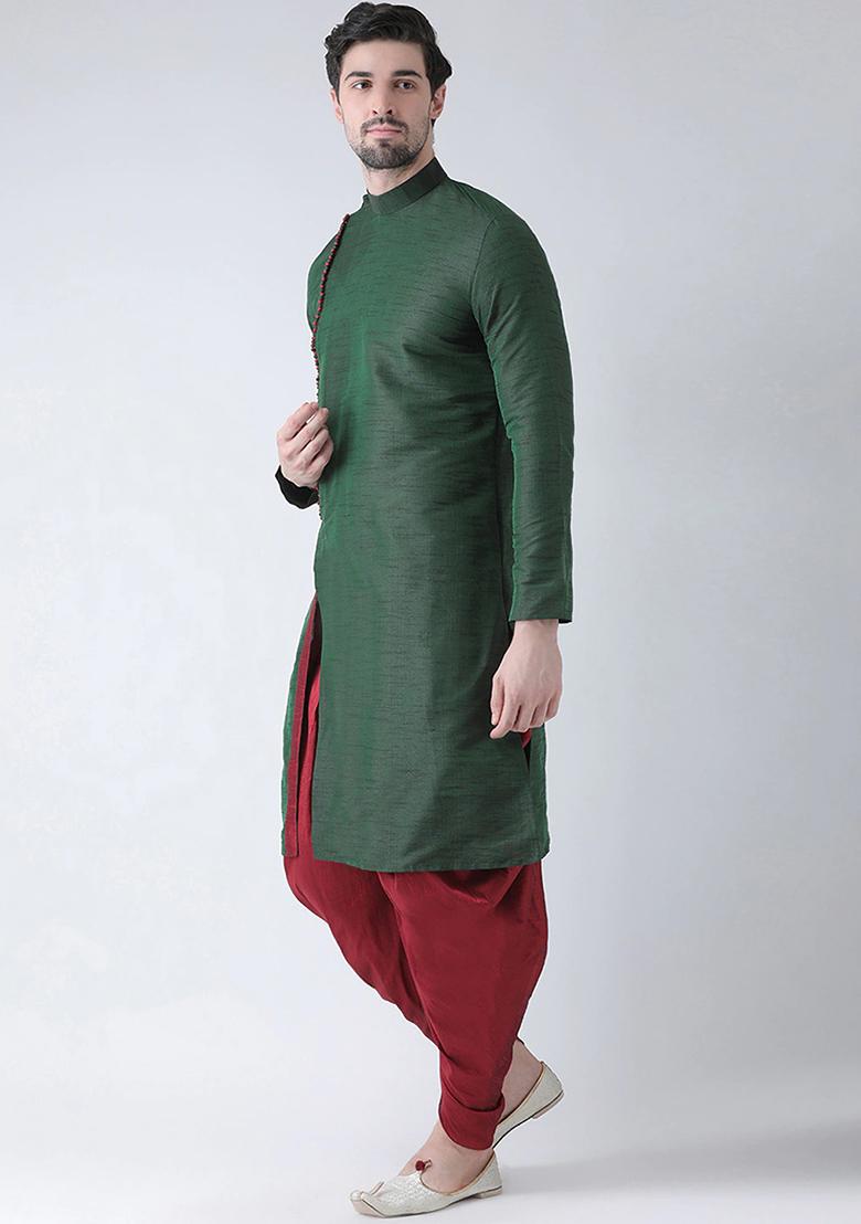 Green Embroidered Silk Kurta Set For Men