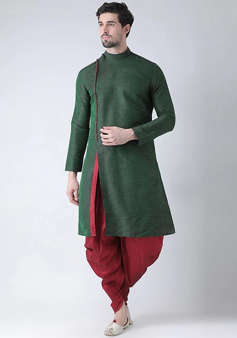 Green Embroidered Silk Kurta Set For Men