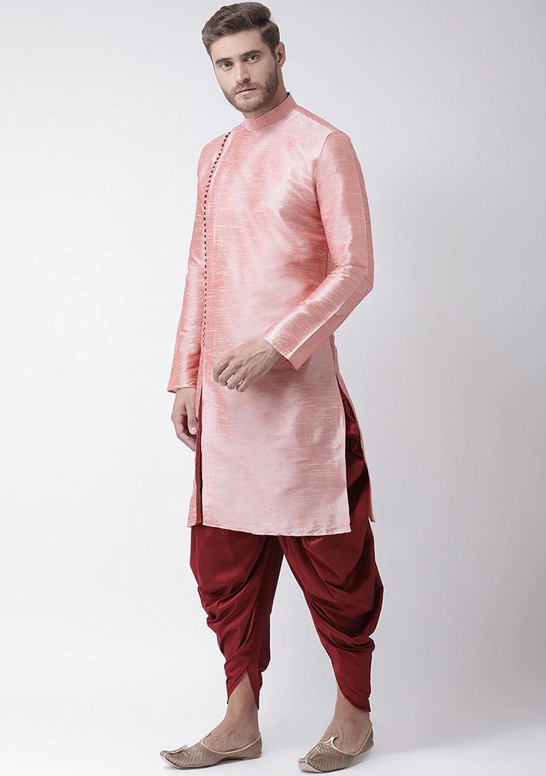 Pink Solid Silk Kurta Set For Men
