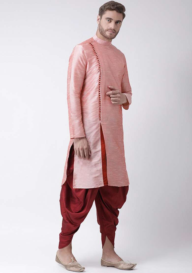 Pink Solid Silk Blend Kurta Set For Men - Indya