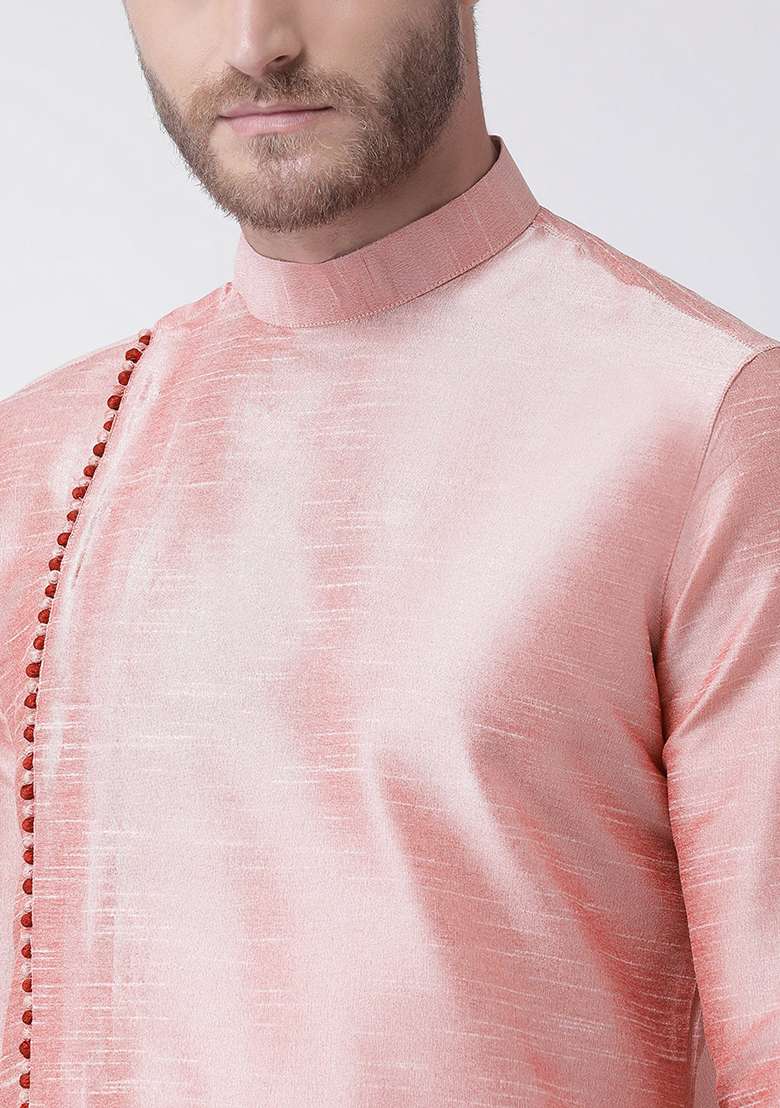 Pink Solid Silk Blend Kurta Set For Men - Indya