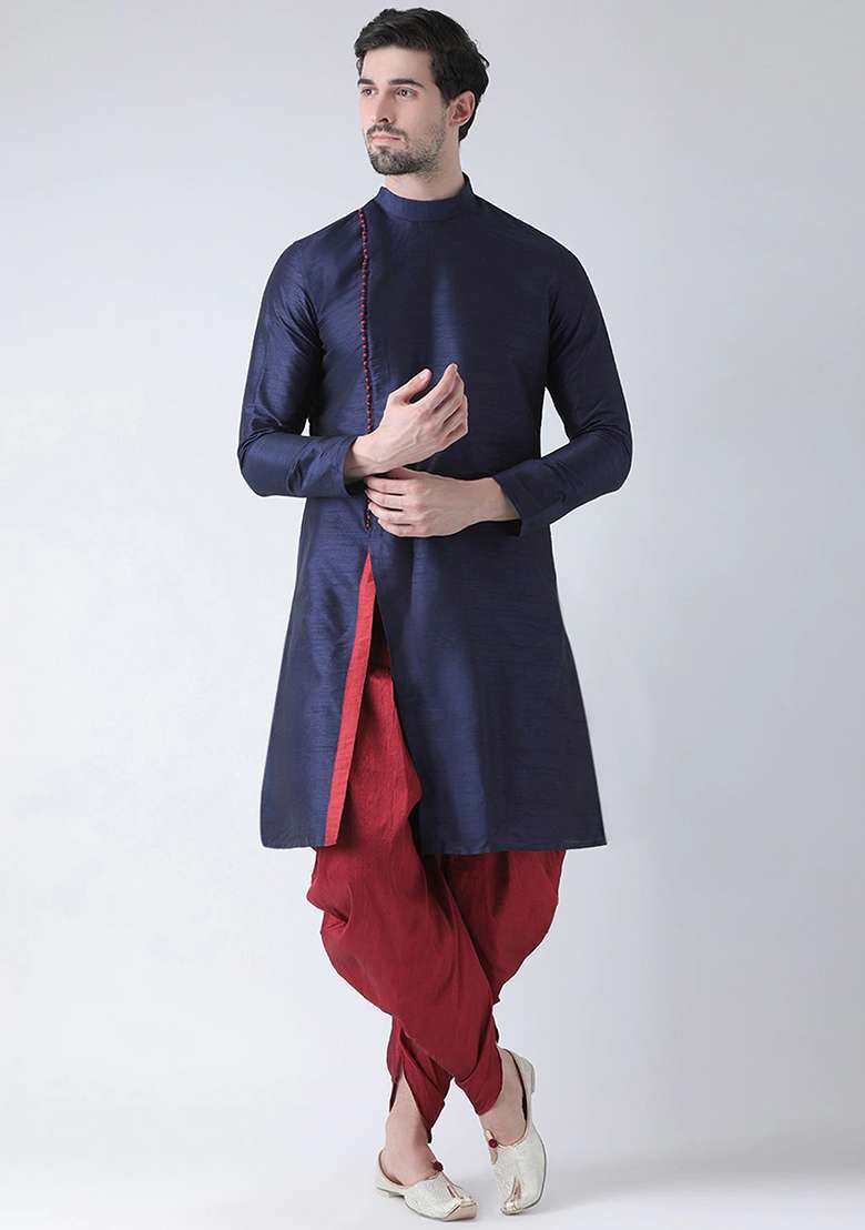 Navy Blue Solid Silk Blend Kurta Set For Men - Indya