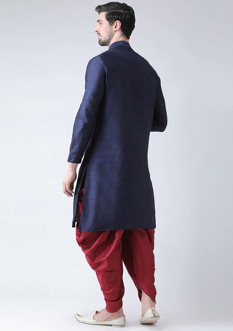 Navy Blue Solid Silk Blend Kurta Set For Men - Indya