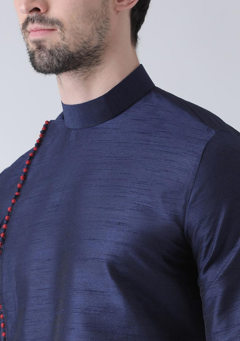 Navy Blue Solid Silk Kurta Set For Men