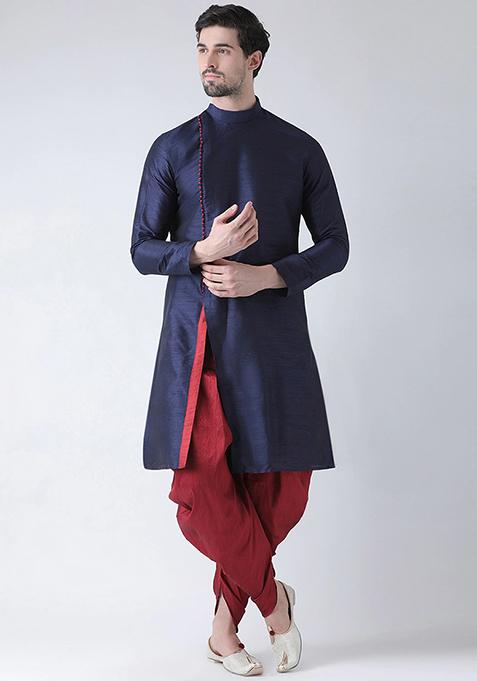 Navy Blue Solid Silk Kurta Set For Men