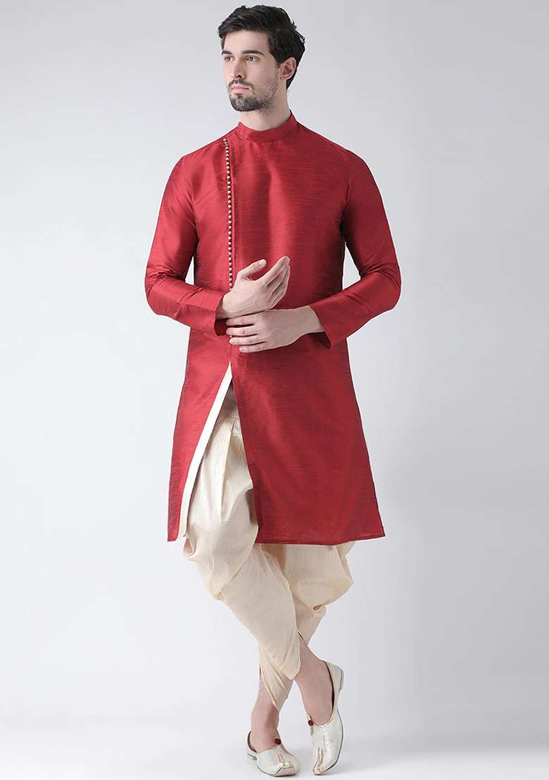 Maroon Solid Silk Blend Kurta Set For Men - Indya