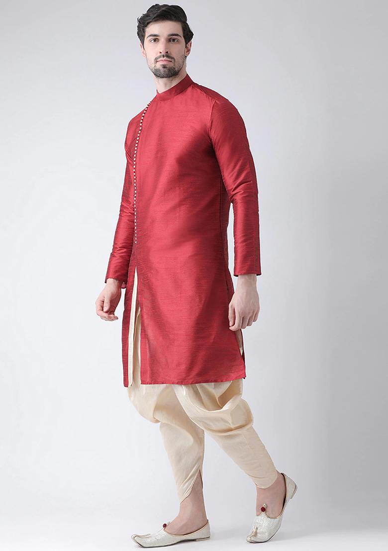 Maroon Solid Silk Kurta Set For Men