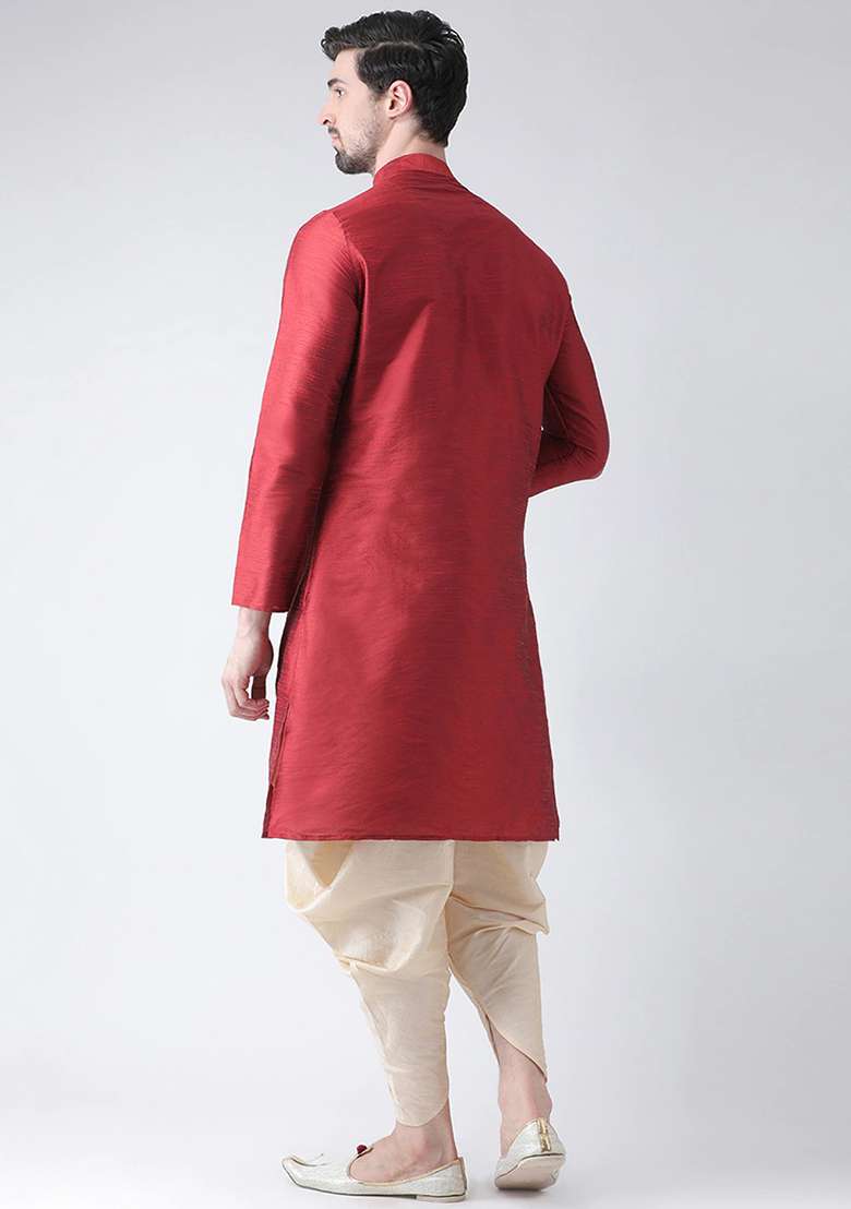 Maroon Solid Silk Blend Kurta Set For Men - Indya