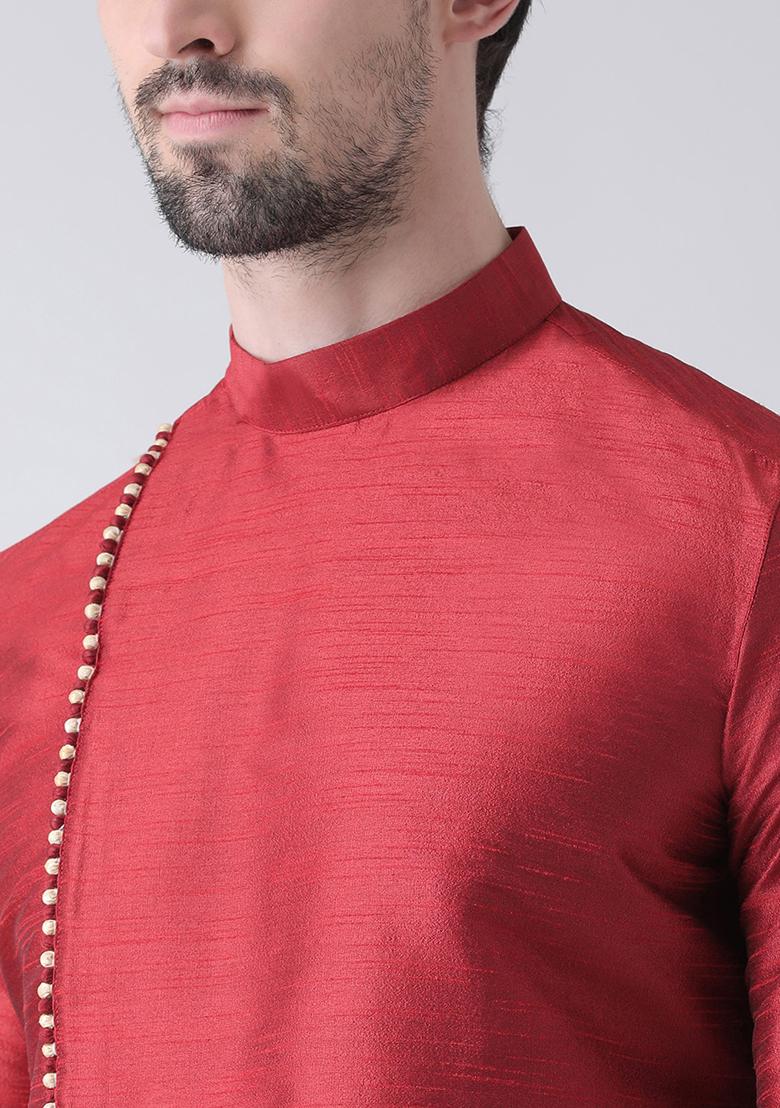Maroon Solid Silk Kurta Set For Men