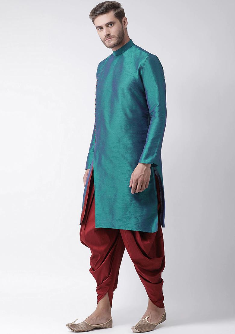 Rama Green Solid Silk Kurta Set For Men