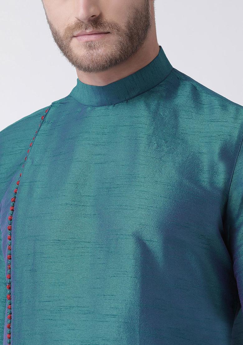 Rama Green Solid Silk Kurta Set For Men