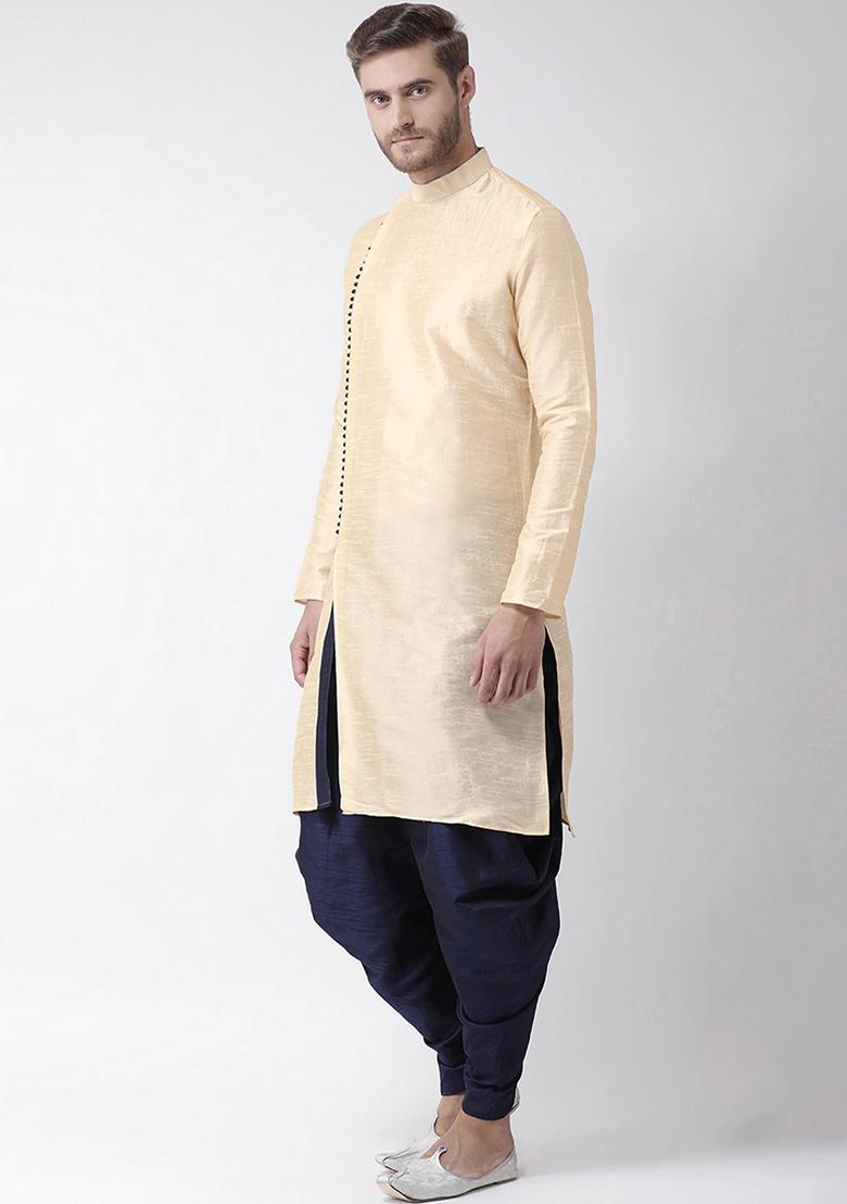 Fawn Yellow Solid Silk Kurta Set For Men
