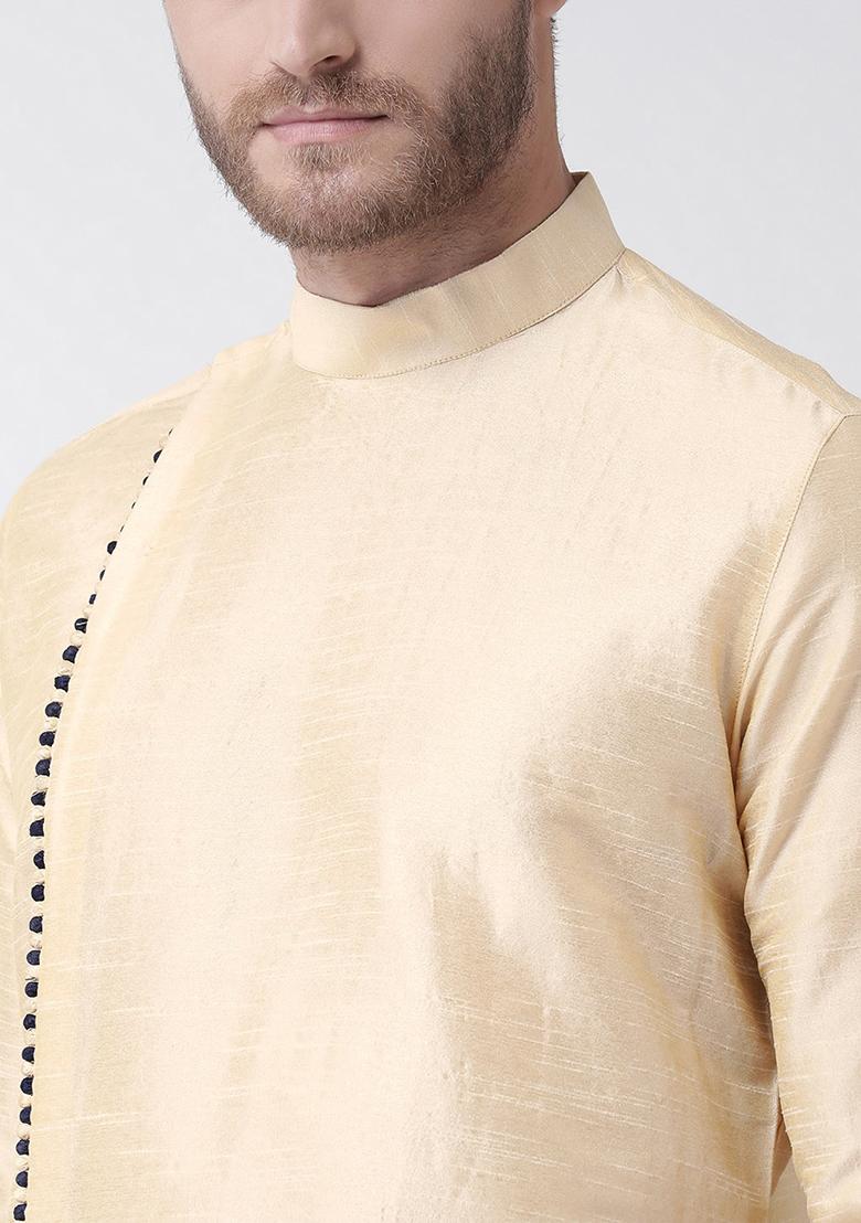 Fawn Yellow Solid Silk Kurta Set For Men