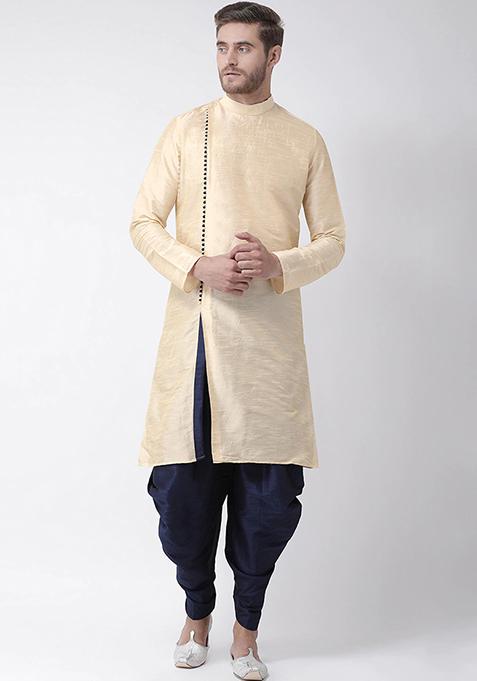 Fawn Yellow Solid Silk Kurta Set For Men