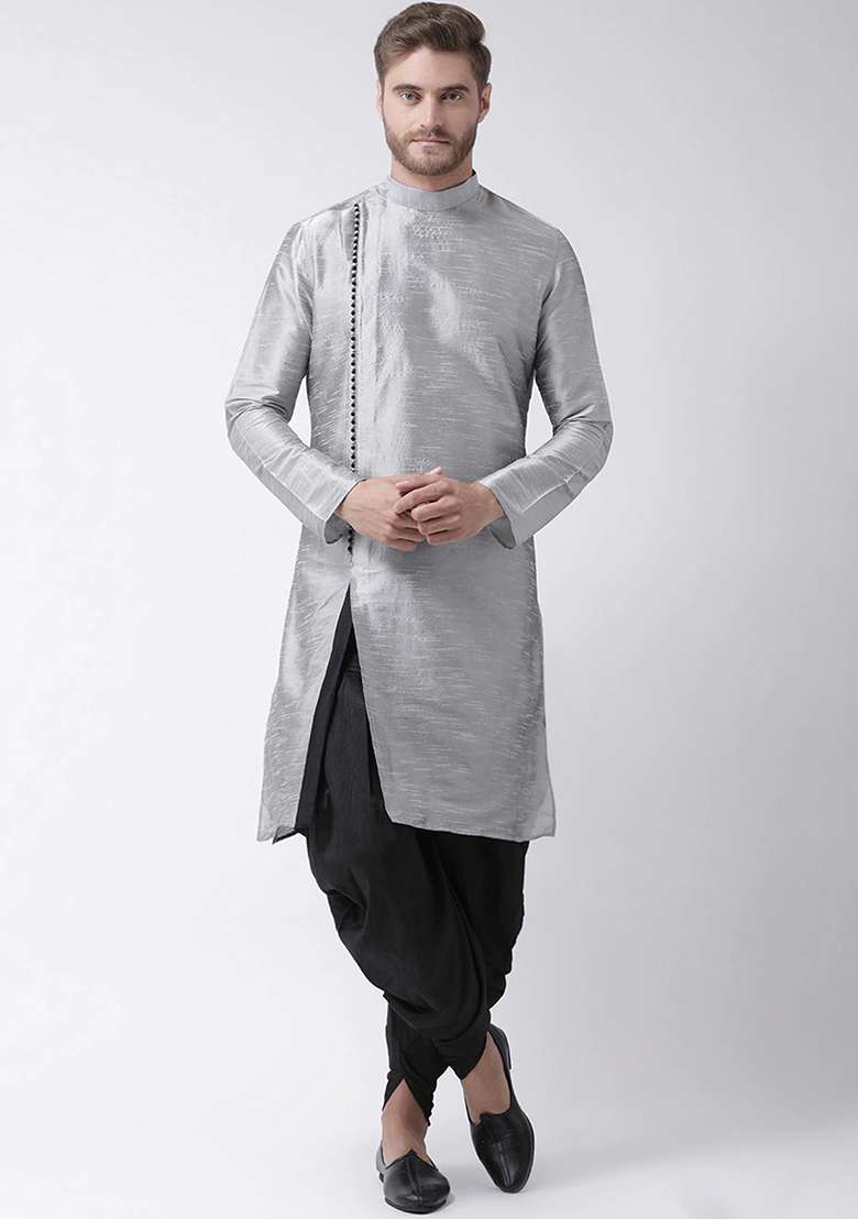 Grey Solid Silk Blend Kurta Set For Men - Indya
