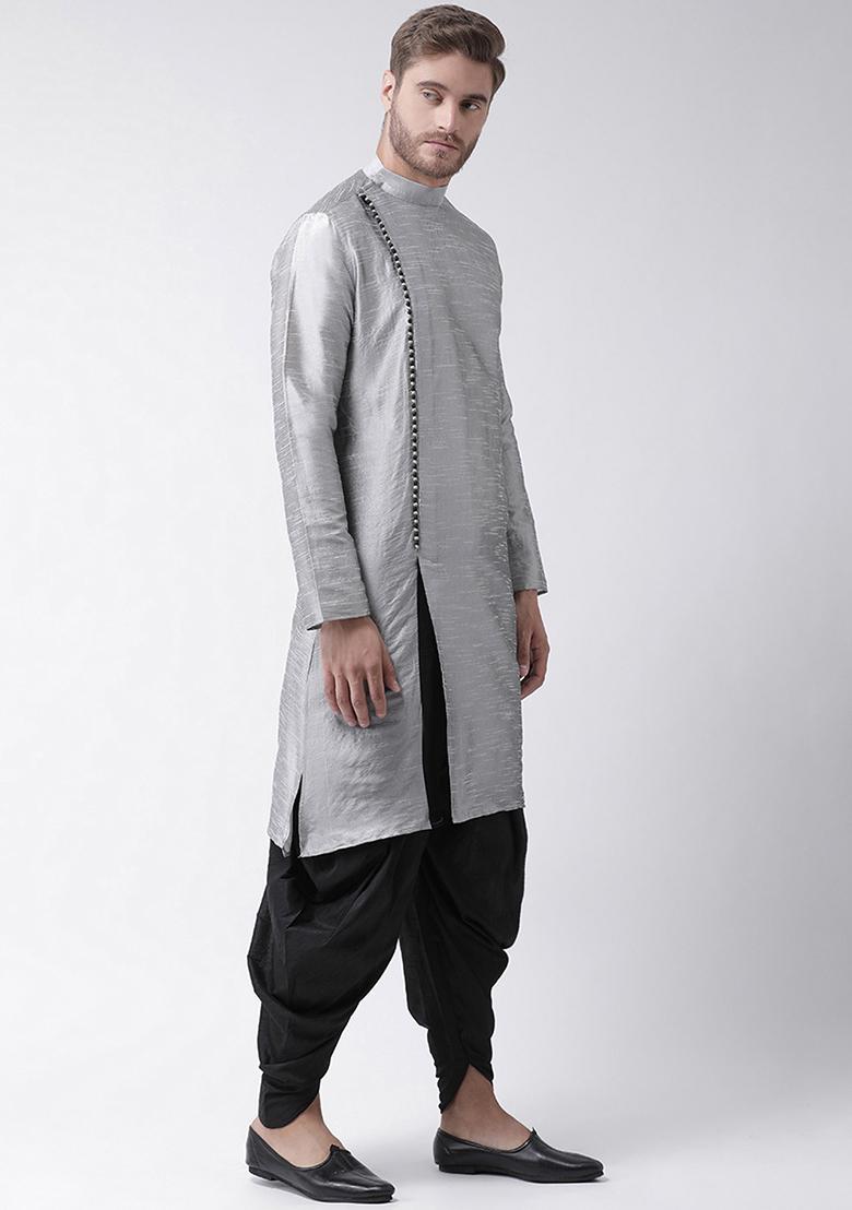 Grey Solid Silk Kurta Set For Men