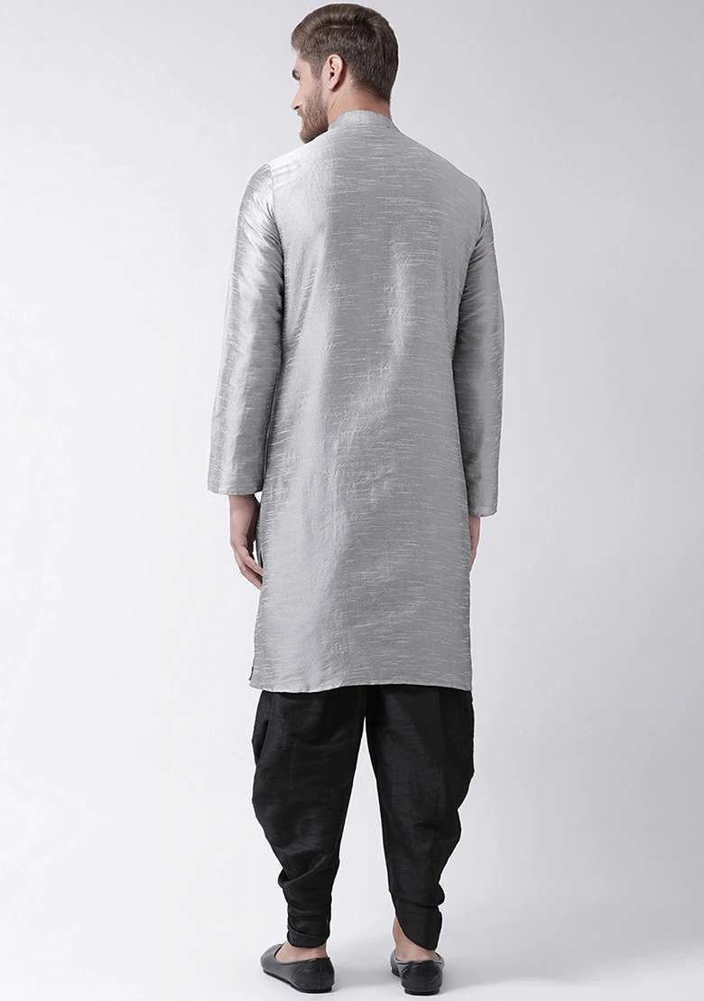 Grey Solid Silk Blend Kurta Set For Men - Indya