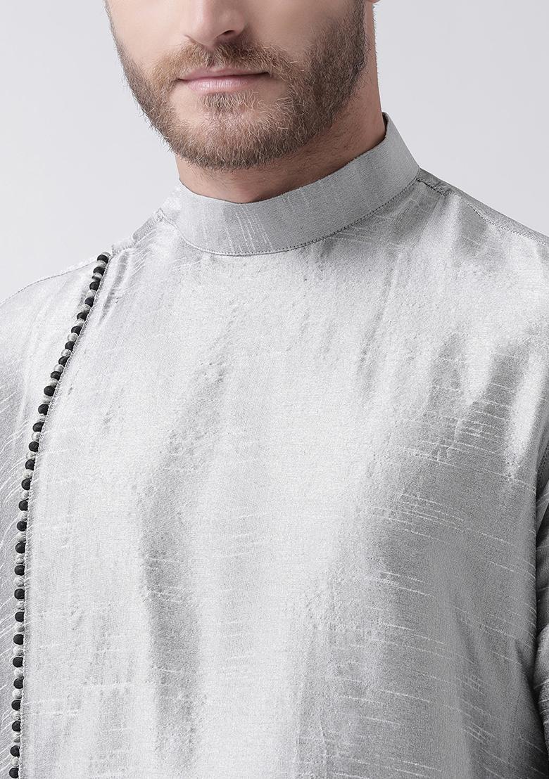 Grey Solid Silk Kurta Set For Men