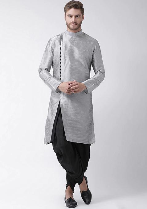Grey Solid Silk Kurta Set For Men